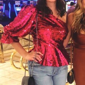 Sequin, one sleeve peplum top